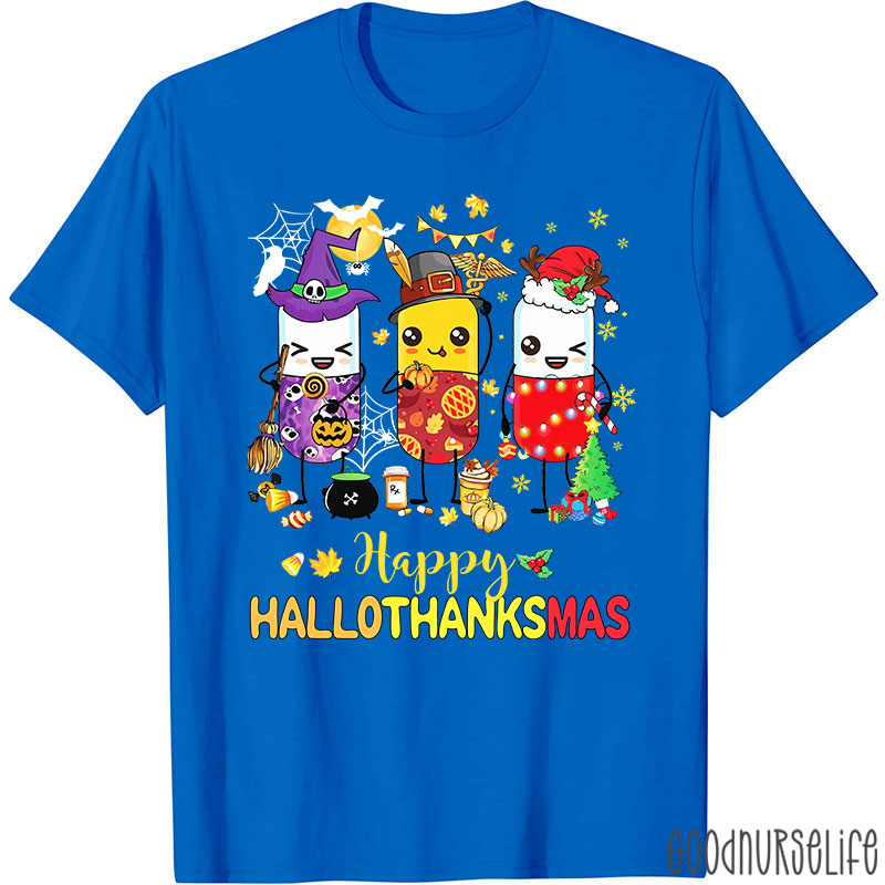 Pharmacy Holiday HalloThanksMas Pill Characters T-Shirt