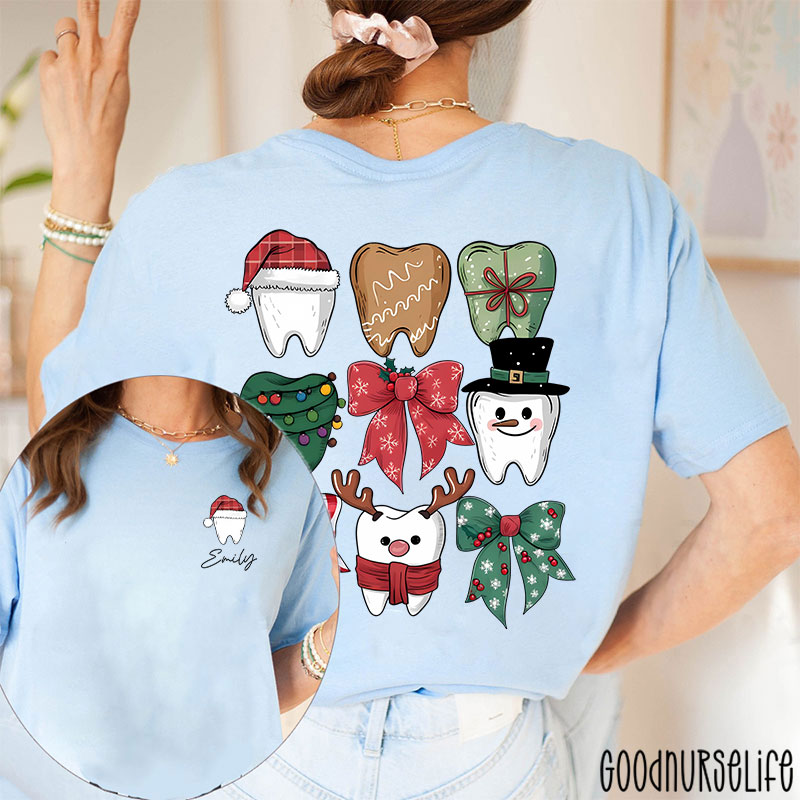 Personalized Christmas Dental Festive Tooth Nurse Two Sided T-Shirt