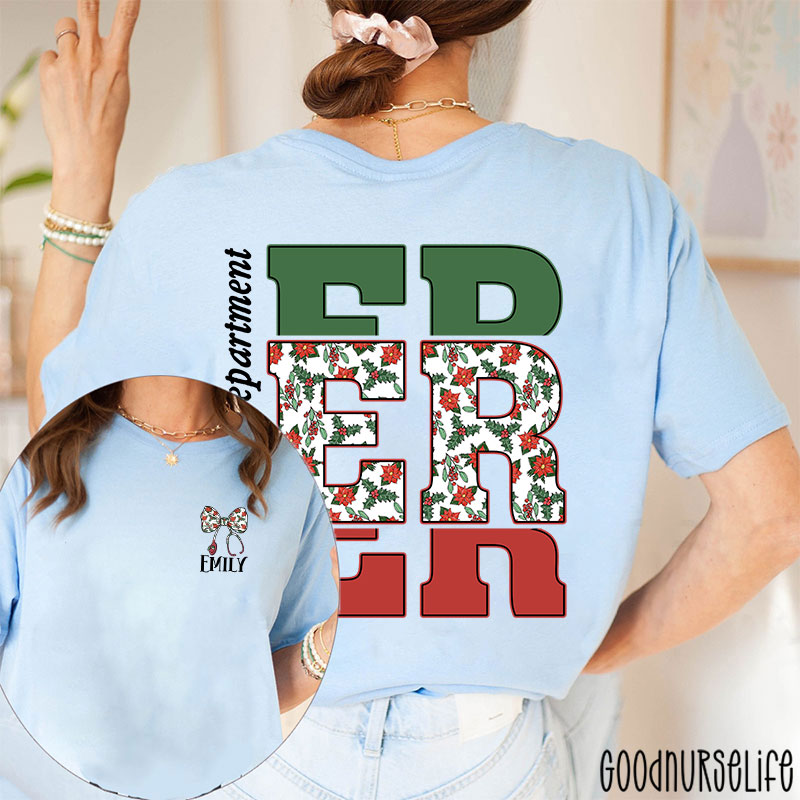 Personalized Christmas Bow And Stethoscope Christmas Floral Nurse Two Sided T-Shirt