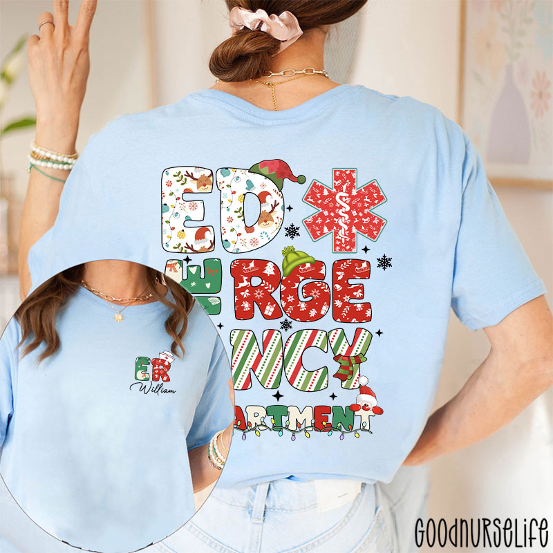 Personalized Festive ED Urgency Nurse Two Sided T-Shirt