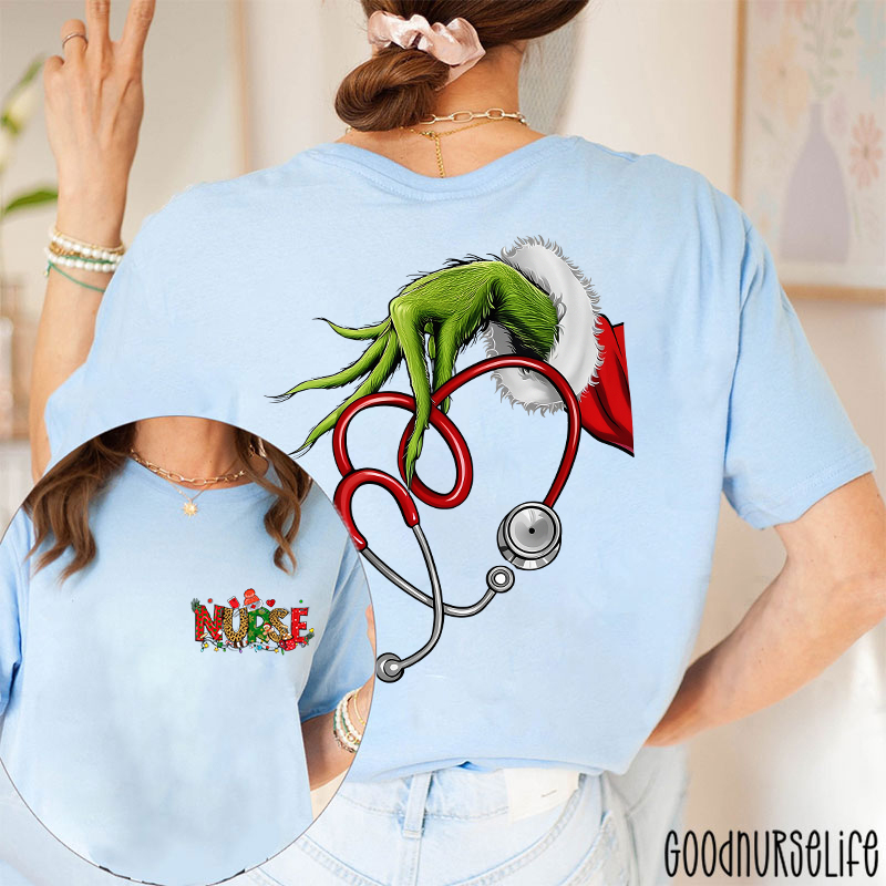 Personalized Hand With Stethoscope Heart Festive Healthcare Nurse Two Sided T-Shirt