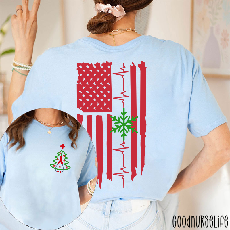 Christmas Medical American Flag Snowflake Two Sided T-Shirt