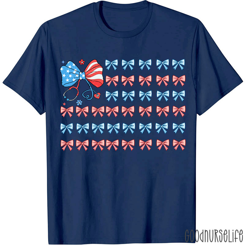 American Flag Patriotic 4th Of July Coquette Bow Nurse T-Shirt
