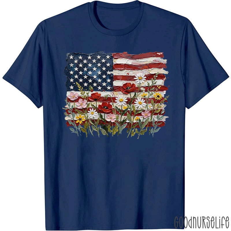 American Flag Floral Nurse T-Shirt