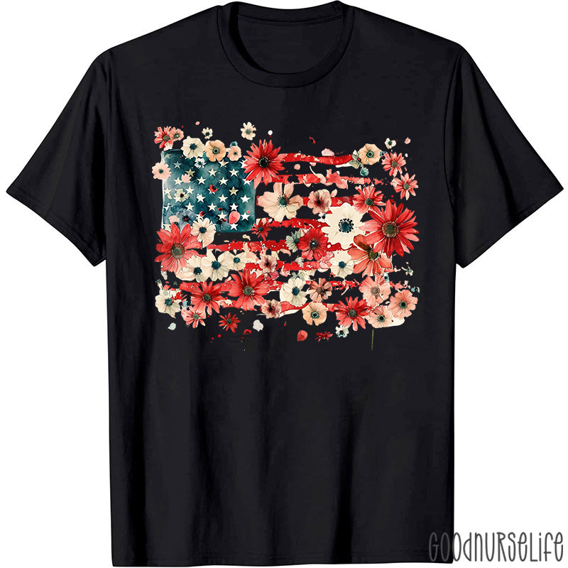American Flag Floral Nurse T-Shirt