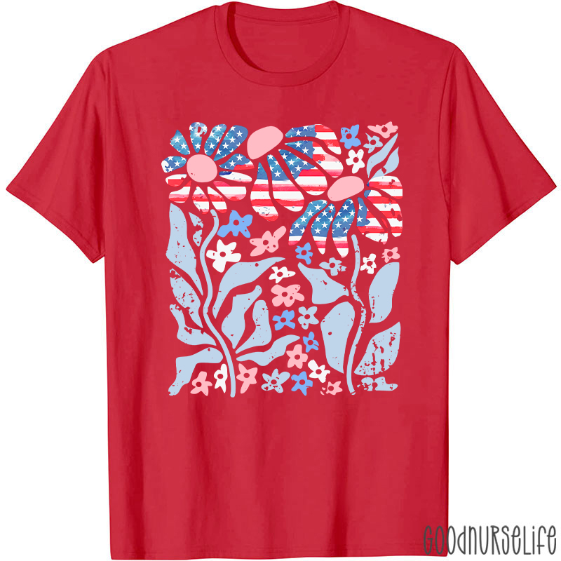 Boho Patriotic Daisy American Flag Floral Nurse T-Shirt