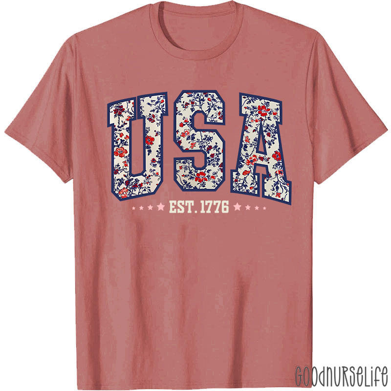 Retro Floral USA Nurse T-Shirt