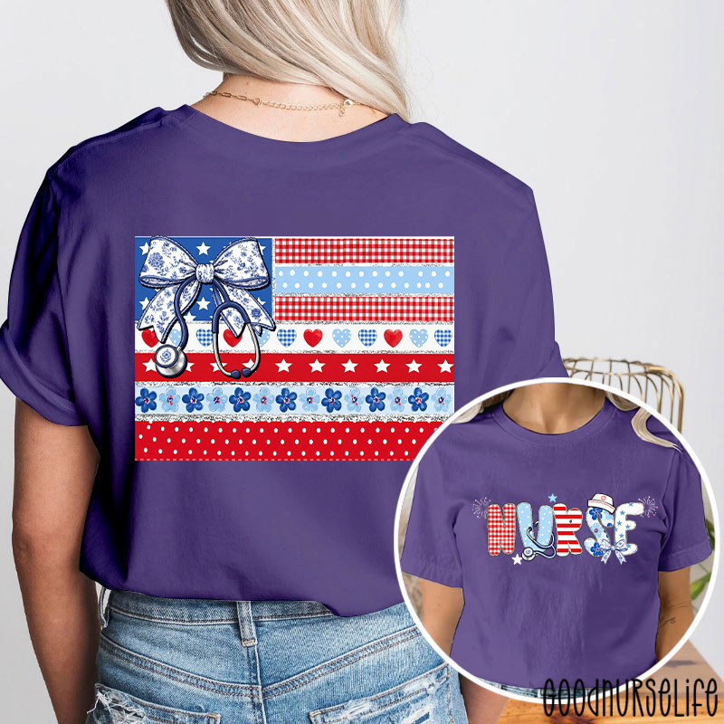 American Flag Floral Nurse Two Sided T-Shirt