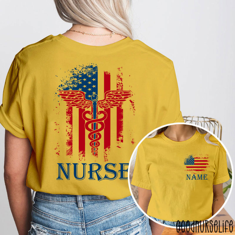 Personalized Name American Flag 4th Of July Nurse Two Sided T-Shirt