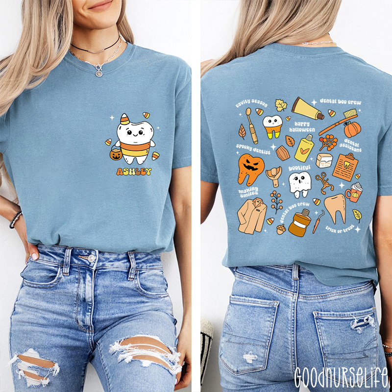 Personalized Halloween Spooky And Cute Dental Two Sided T-Shirt