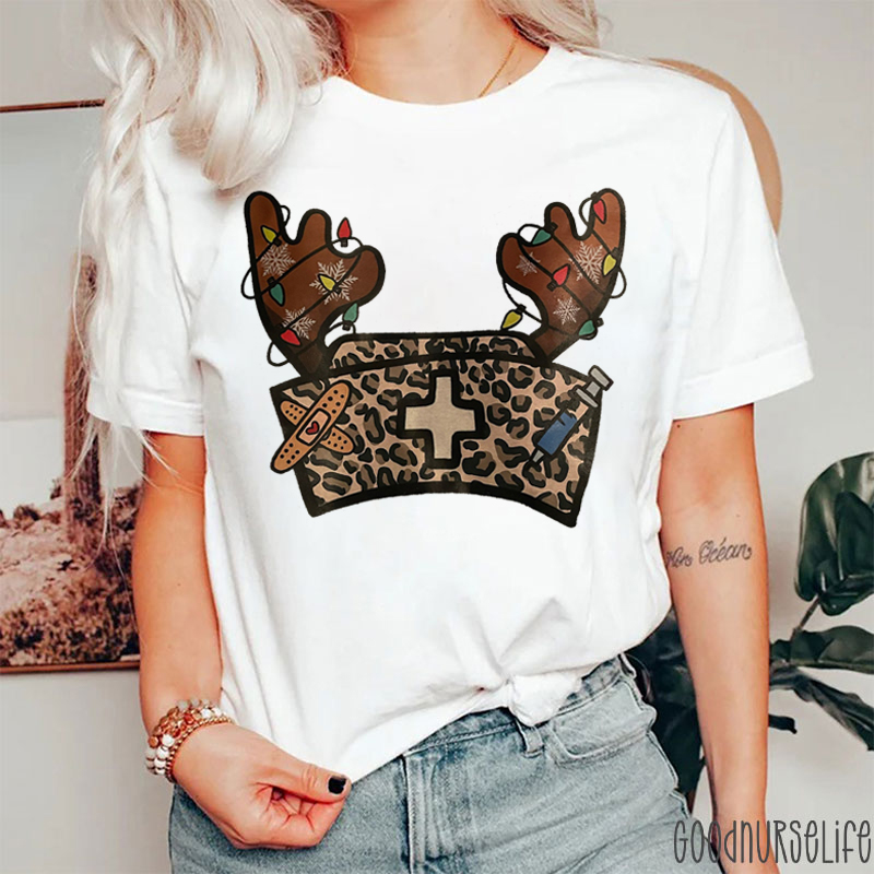Colored Lights Leopard Print Elk Antler Nurse Hat Christmas T-Shirt