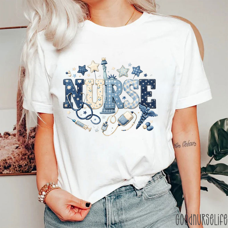 Patriotic Faux Patchwork Nurse T-Shirt