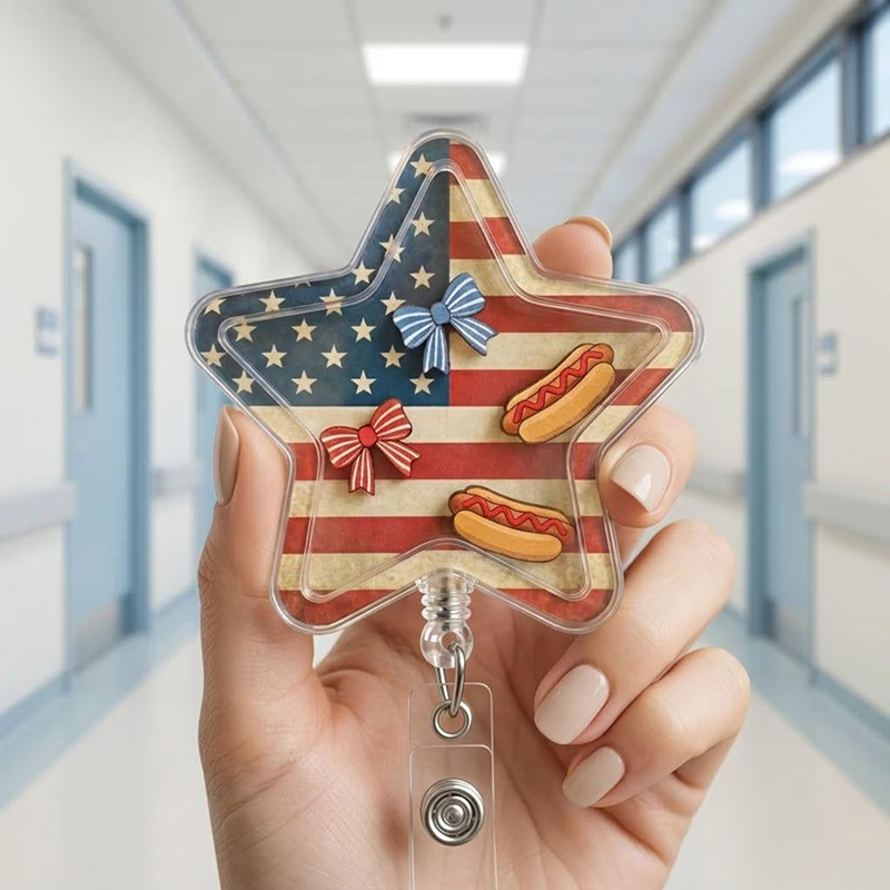 American Flag Patriotic Nurse Shaker Badge Reel