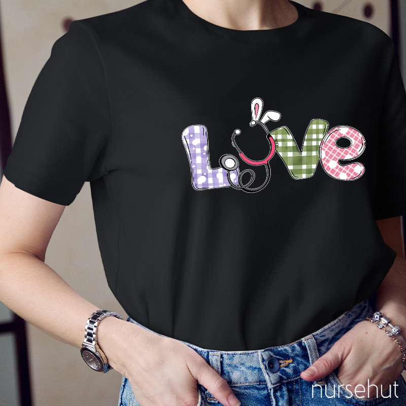 Colorful Plaid Bunny Ears Nurse T-Shirt