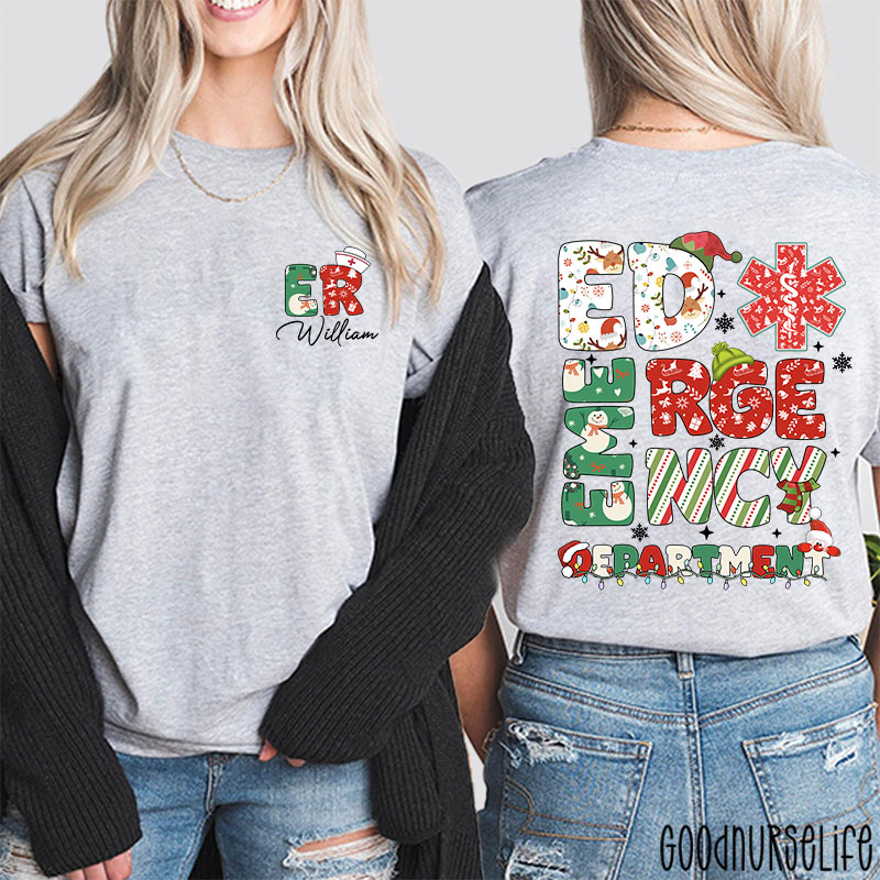 Personalized Festive ED Urgency Nurse Two Sided T-Shirt