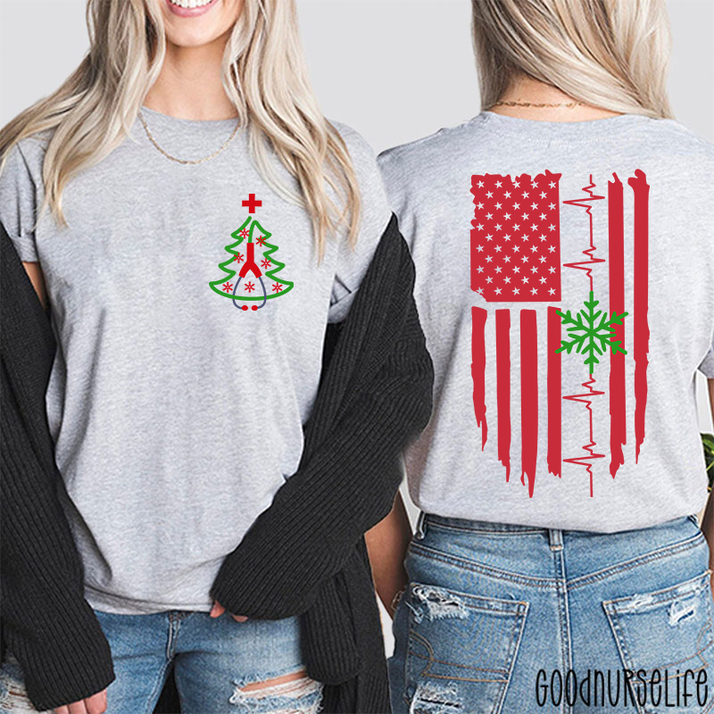 Christmas Medical American Flag Snowflake Two Sided T-Shirt