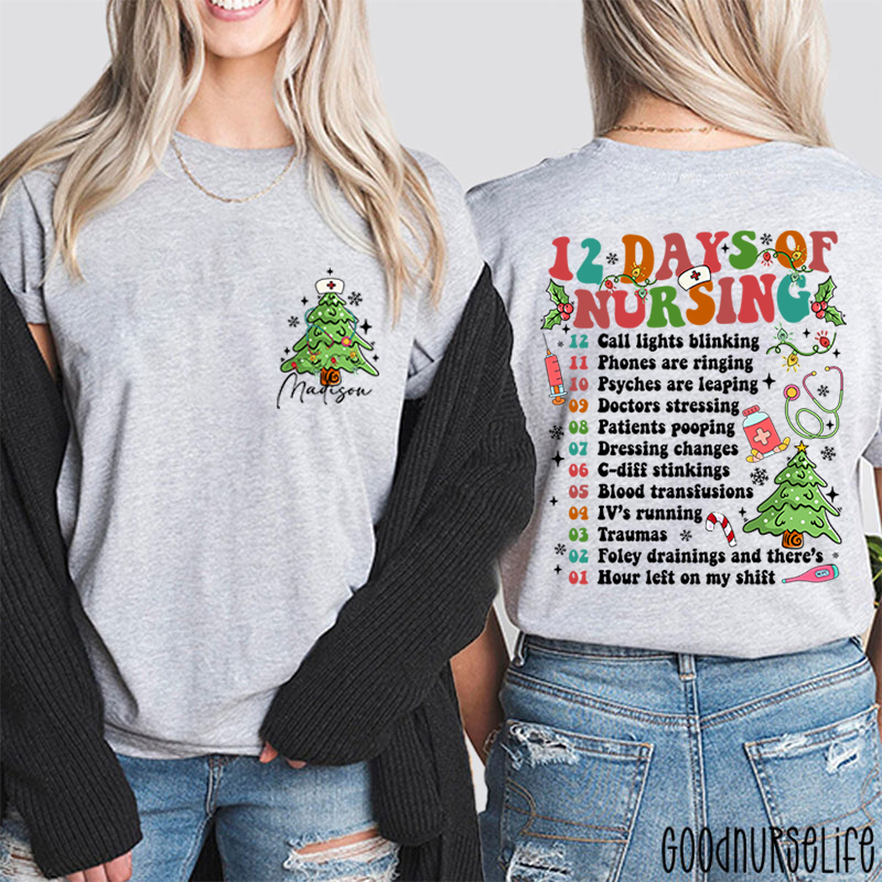 Personalized 12 Days Of Nursing Festive Checklist Nurse Two Sided T-Shirt