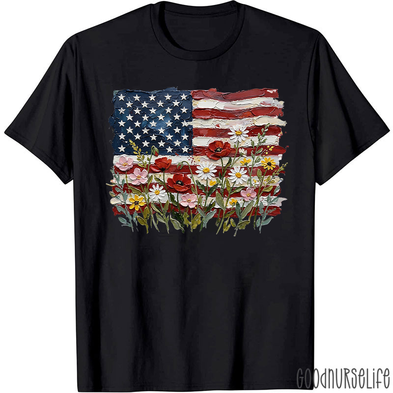 American Flag Floral Nurse T-Shirt