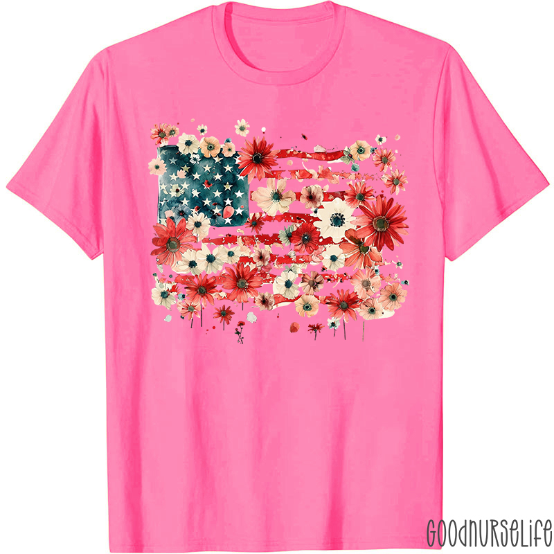 American Flag Floral Nurse T-Shirt