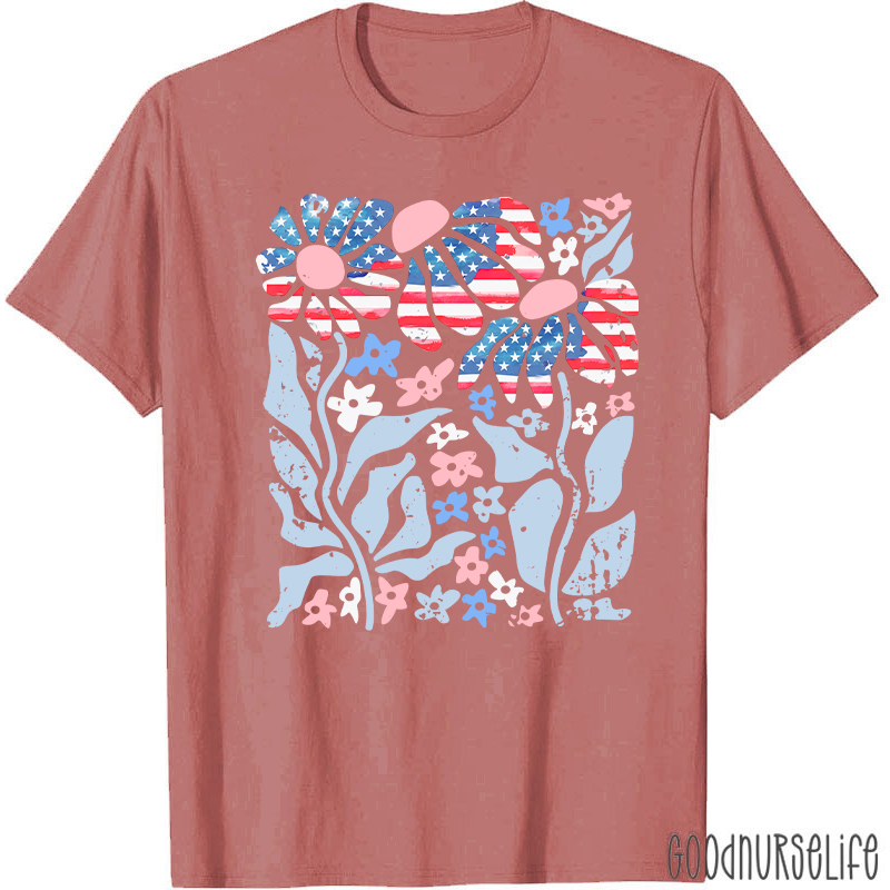 Boho Patriotic Daisy American Flag Floral Nurse T-Shirt