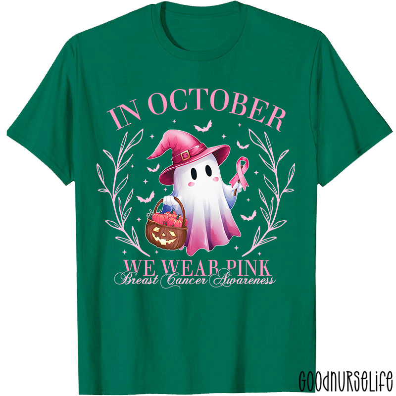 In October We Wear Pink Breast Cancer Awareness Cute Ghost Nurse T-Shirt