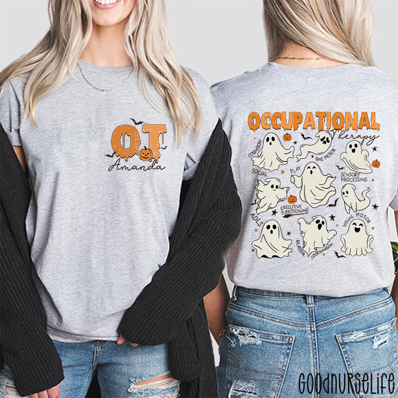 Personalized Halloween Themed Occupational Therapy Ghosts Two Sided T-Shirt