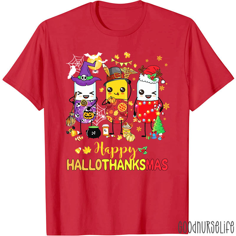 Pharmacy Holiday HalloThanksMas Pill Characters T-Shirt
