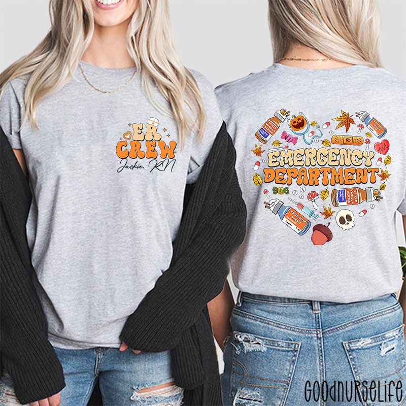 Personalized Autumn Heart Emergency Department Nurse Two Sided T-Shirt