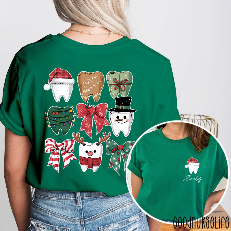 Personalized Christmas Dental Festive Tooth Nurse Two Sided T-Shirt