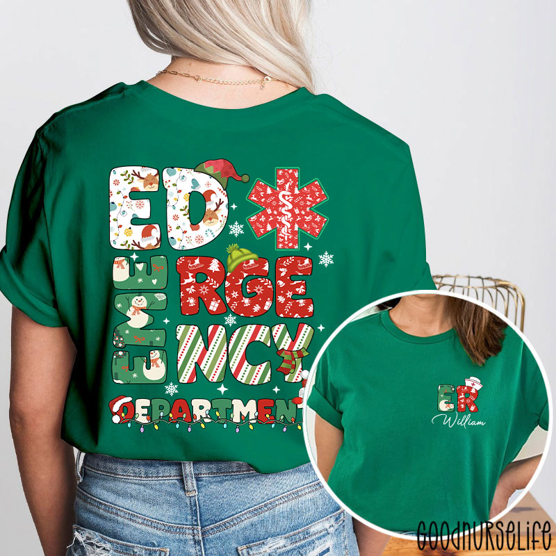 Personalized Festive ED Urgency Nurse Two Sided T-Shirt