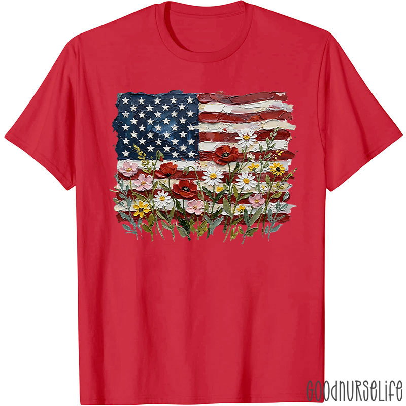 American Flag Floral Nurse T-Shirt