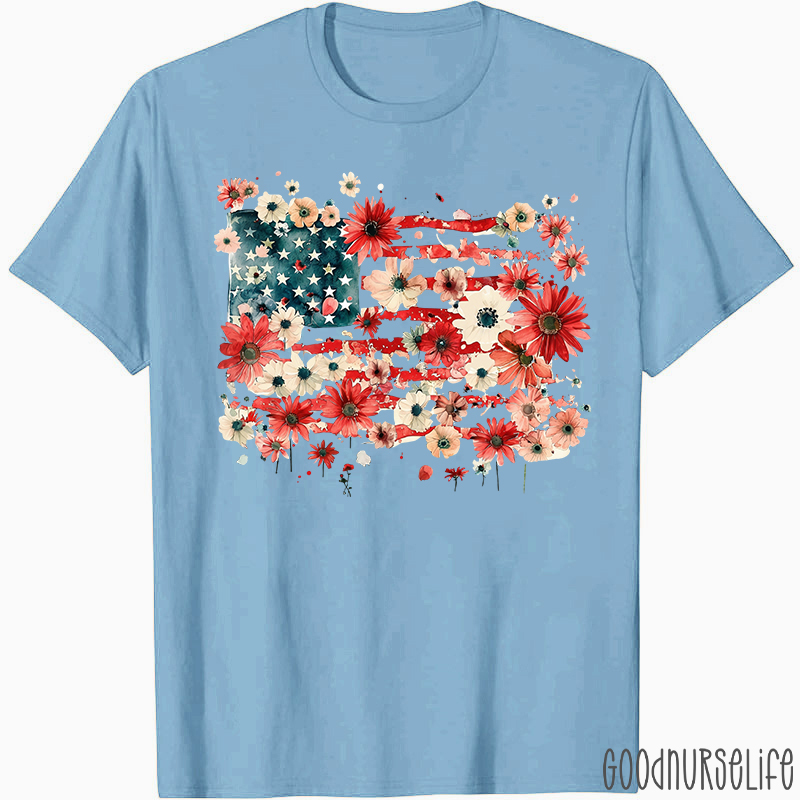 American Flag Floral Nurse T-Shirt