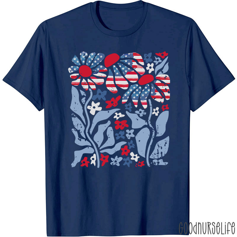 Boho Patriotic Daisy American Flag Floral Nurse T-Shirt