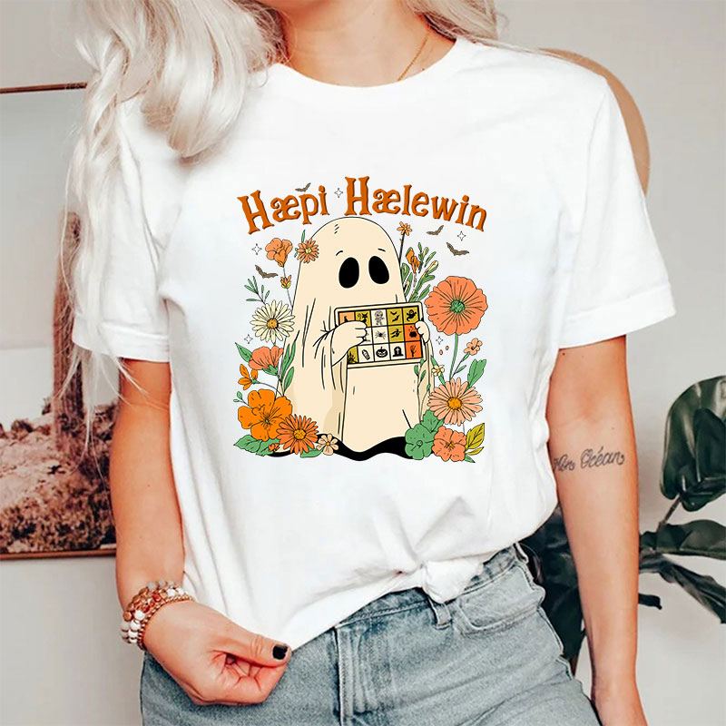 Happy Halloween Ghost With Floral T-Shirt