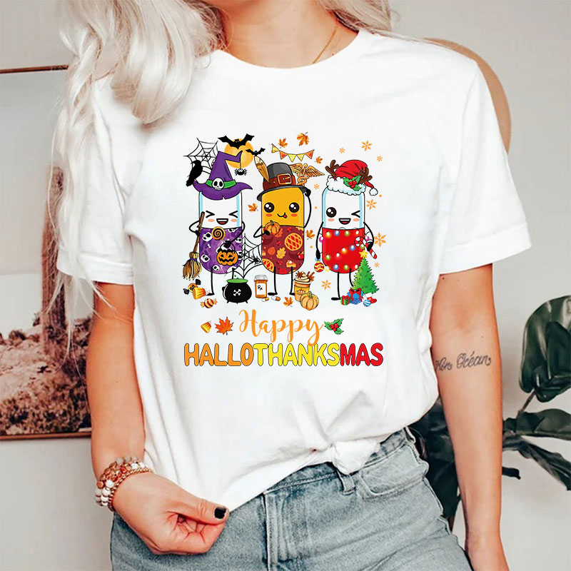 Pharmacy Holiday HalloThanksMas Pill Characters T-Shirt