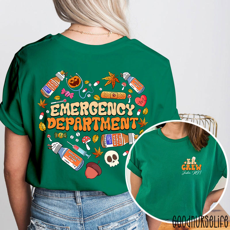 Personalized Autumn Heart Emergency Department Nurse Two Sided T-Shirt