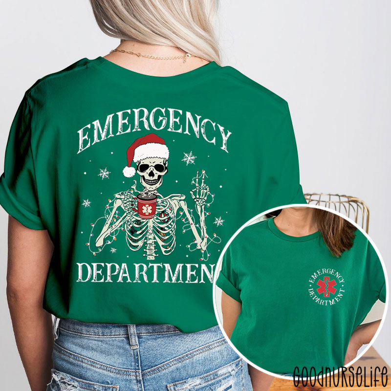 Emergency Department Christmas Skeletal Santa ED Nurse Two Sided T-Shirt