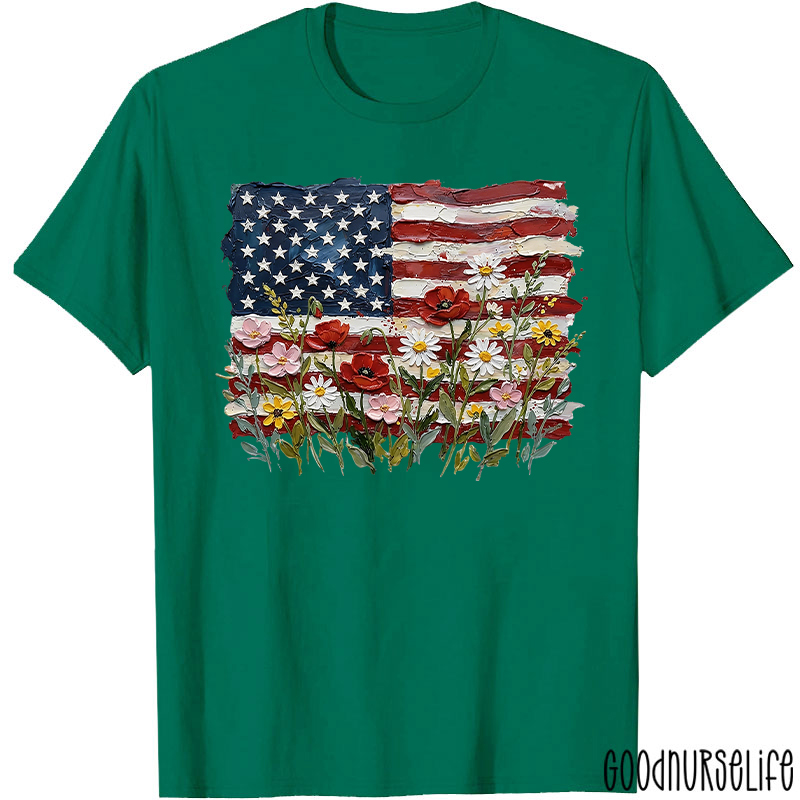 American Flag Floral Nurse T-Shirt