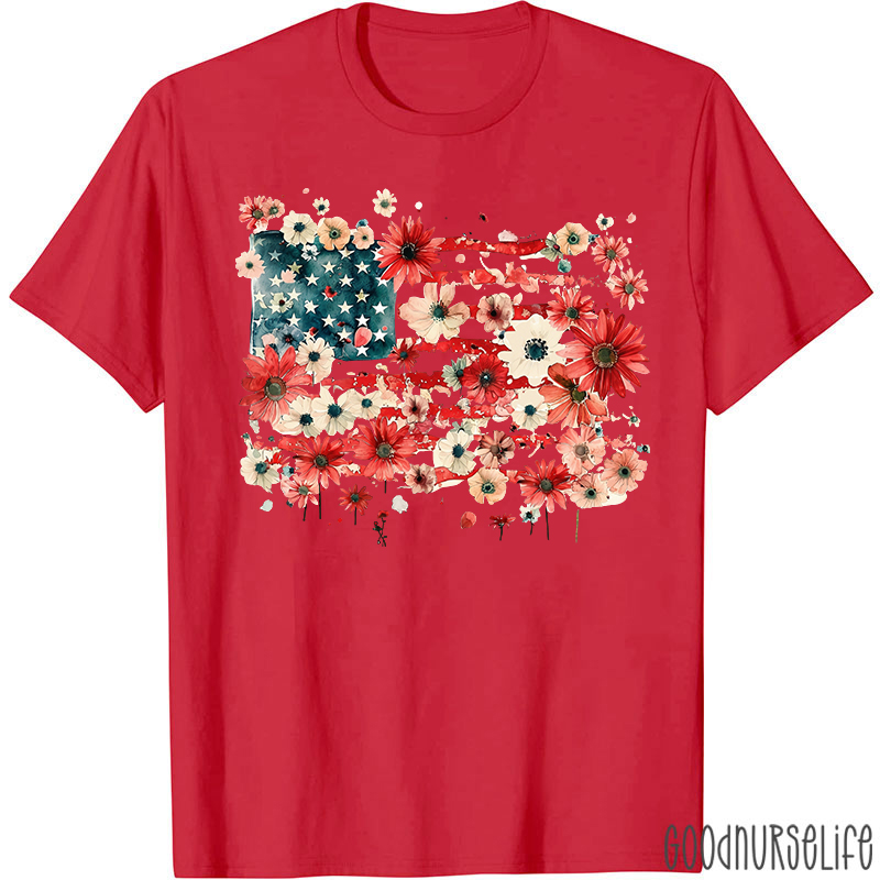 American Flag Floral Nurse T-Shirt