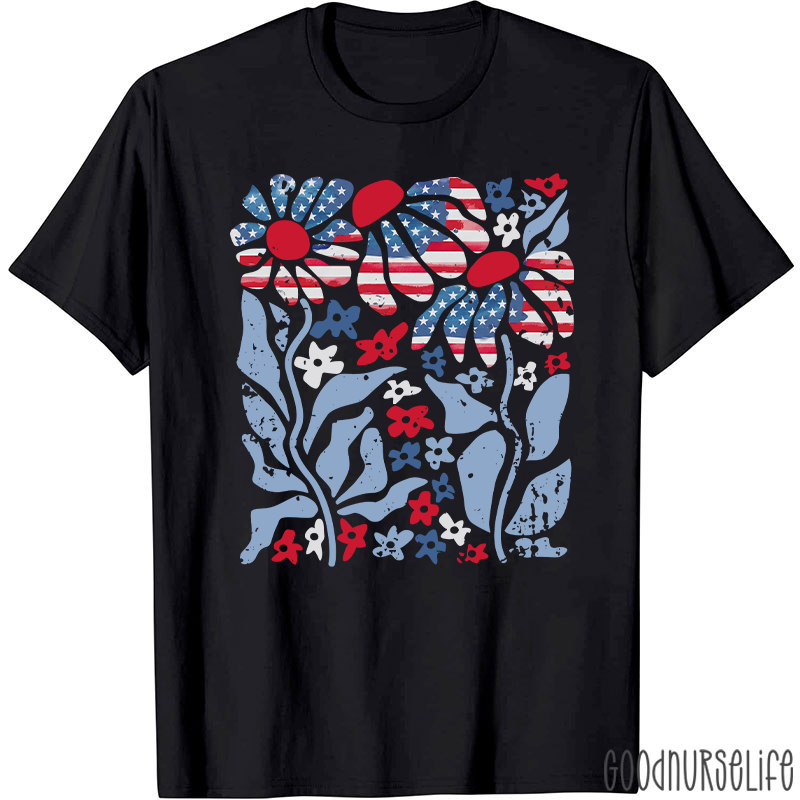 Boho Patriotic Daisy American Flag Floral Nurse T-Shirt