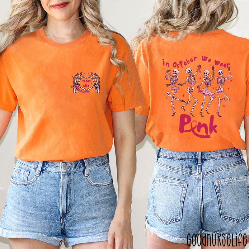 Personalized Dancing Skeletons For Breast Cancer Awareness Nurse Two Sided T-Shirt