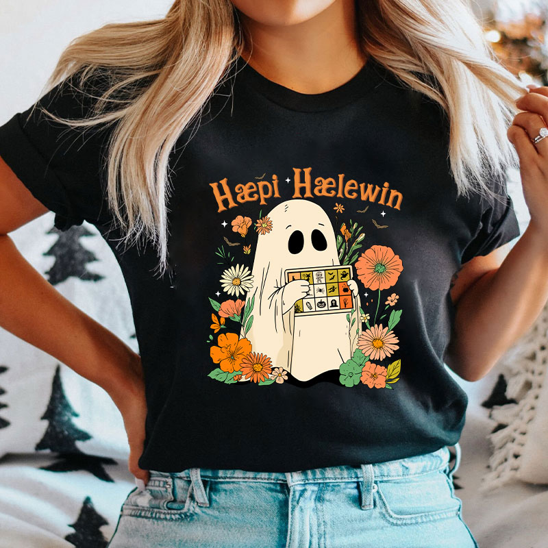 Happy Halloween Ghost With Floral T-Shirt