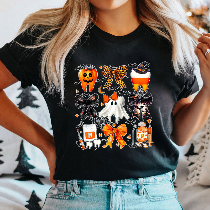 Halloween Spooky Tooth Dental And Bows T-Shirt