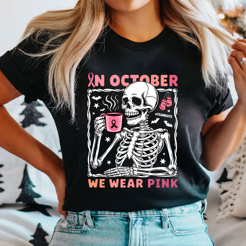 Personalized In October We Wear Pink Breast Cancer Awareness Skeleton Nurse T-Shirt