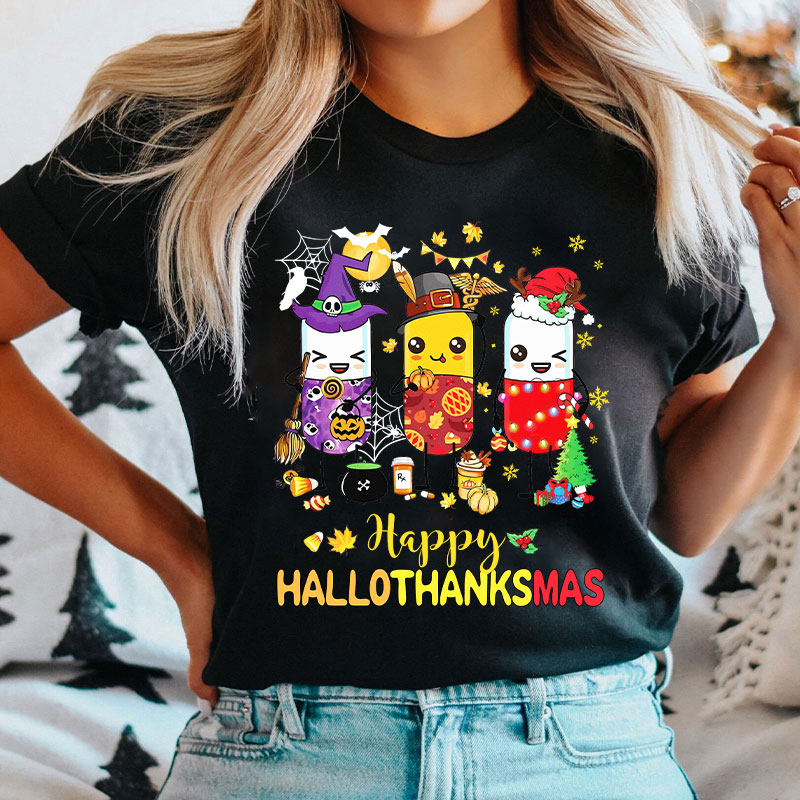 Pharmacy Holiday HalloThanksMas Pill Characters T-Shirt