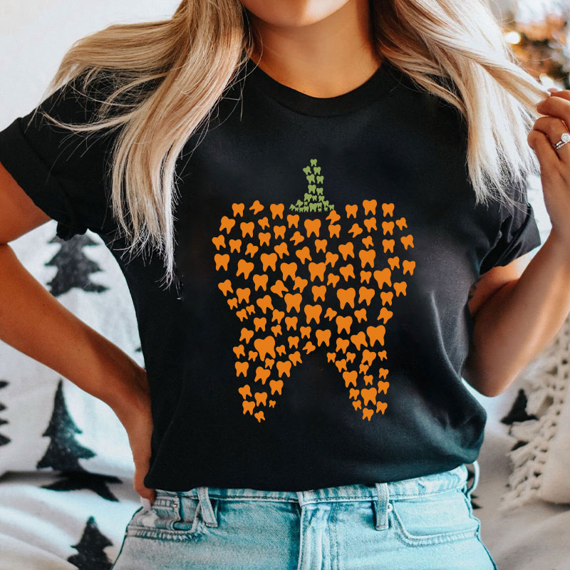 Halloween Pumpkin Typography Teeth T-Shirt