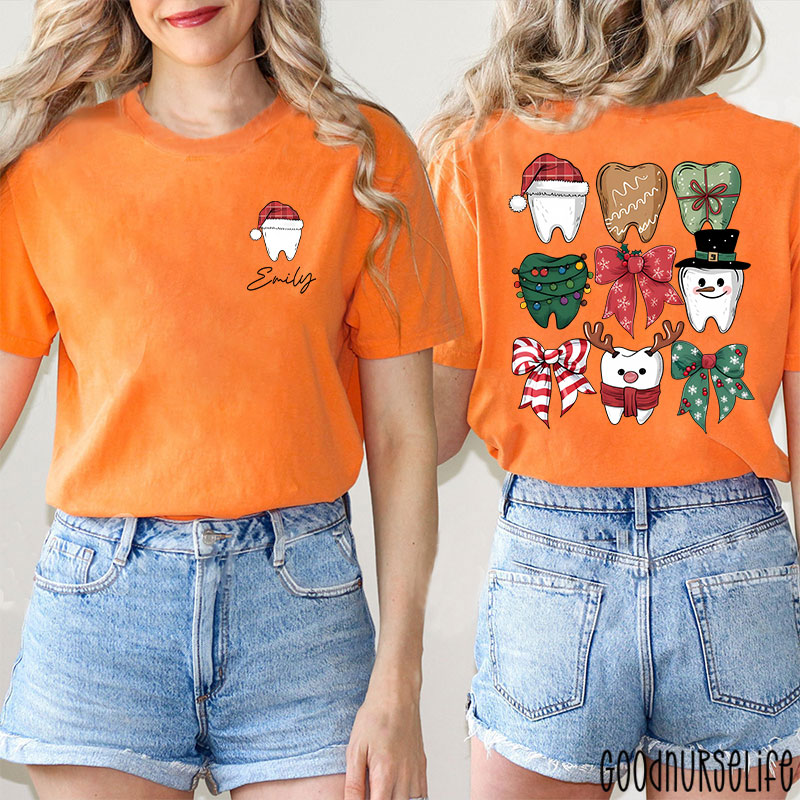 Personalized Christmas Dental Festive Tooth Nurse Two Sided T-Shirt