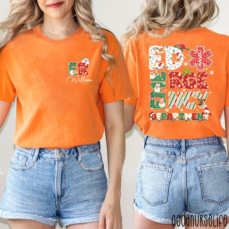 Personalized Festive ED Urgency Nurse Two Sided T-Shirt