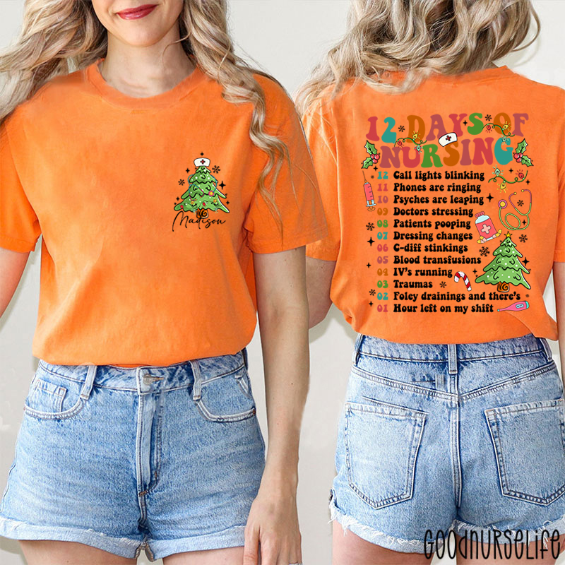 Personalized 12 Days Of Nursing Festive Checklist Nurse Two Sided T-Shirt