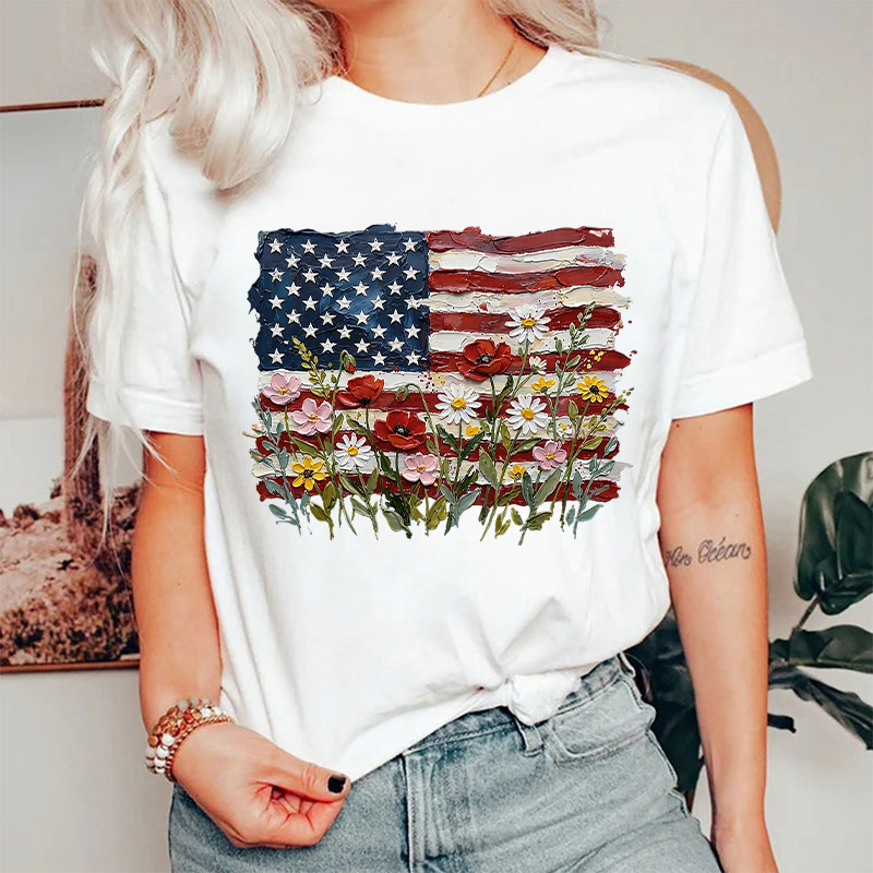 American Flag Floral Nurse T-Shirt
